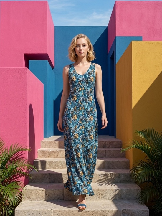 Terra & Sky Dresses & Skirts - Terra & Sky Blue Floral Midi Dress with Yellow Accents